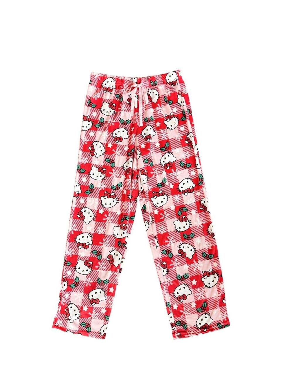 (C170) Hello Kitty Sanrio Holiday Pajama Pant Pink Plaid Mistletoe Santa